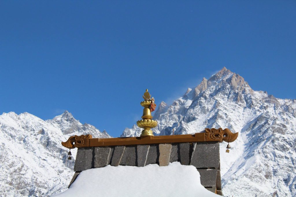 Roof of the Kalpa temple & Kinnaur Kailash peak (6050 m) in background