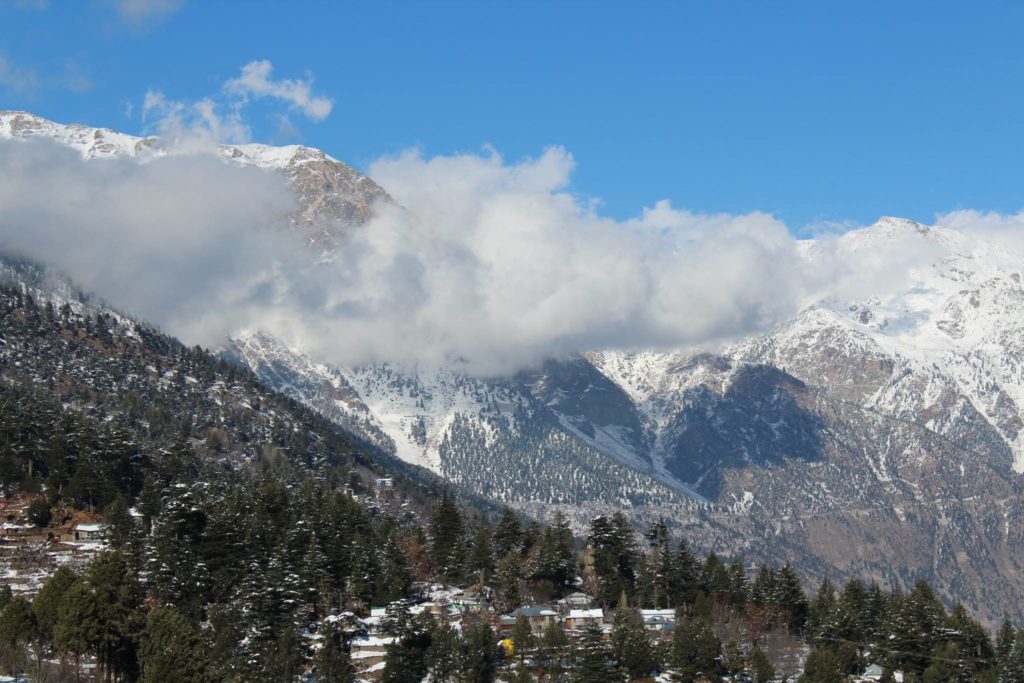 View of Snow covered Pangi village from Kalpa village of Kinnaur
