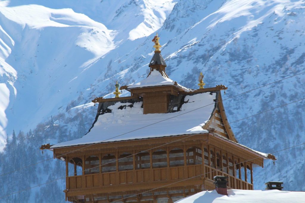 Snow covered roof of Chini temple of Kalpa village of Kinnaur