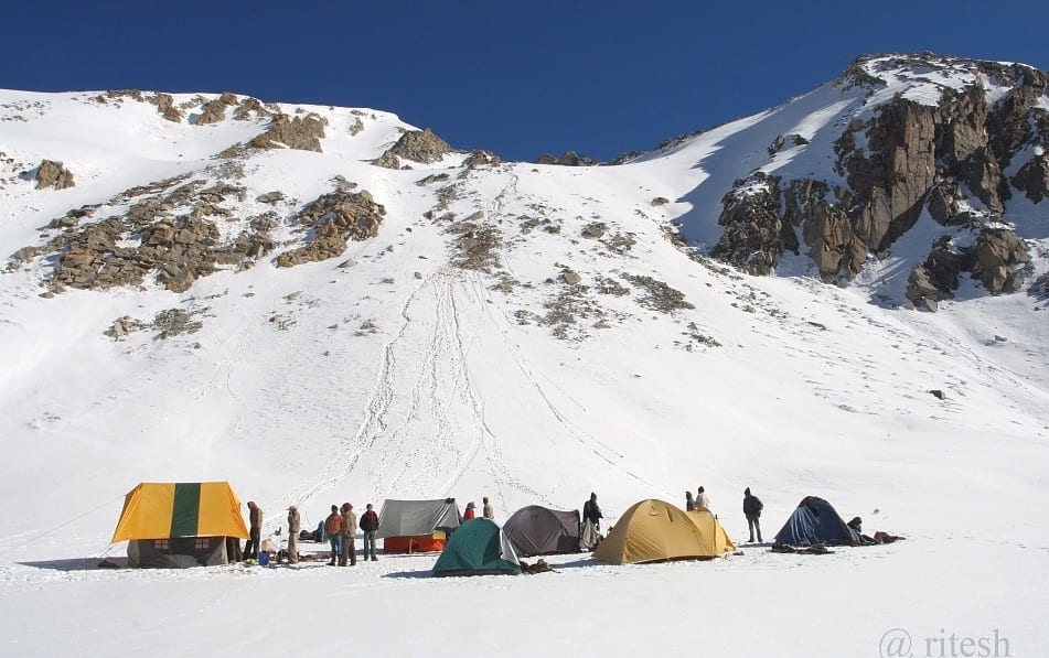 Camping on snow at the foot of Lamkhaga pass