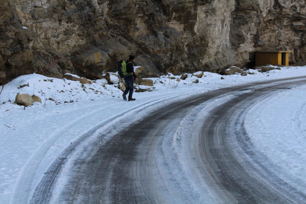 Icy road near Moorang village on National Highway 5 
