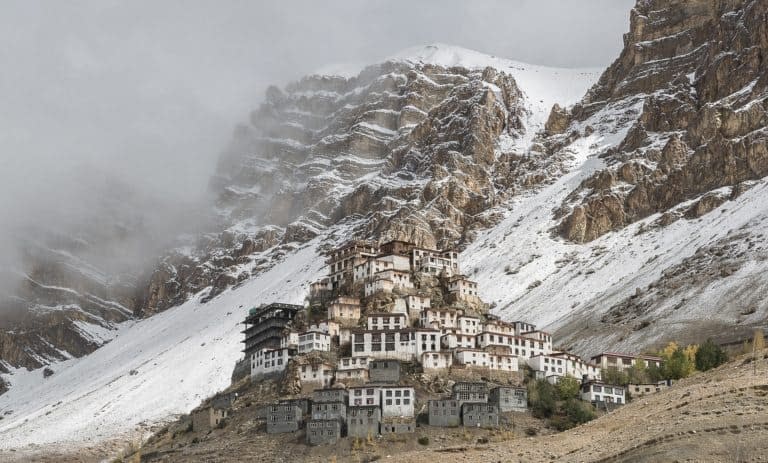 Key (or Kee) Monastery of Spiti valley enveloped in light snow