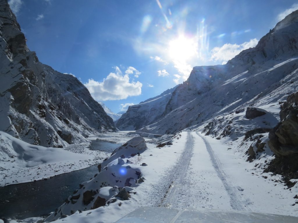 Driving on the icy road leading to Kaza town of the Spiti valley