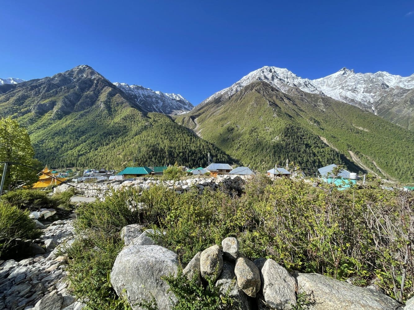 Chitkul village on a sunny day of May month