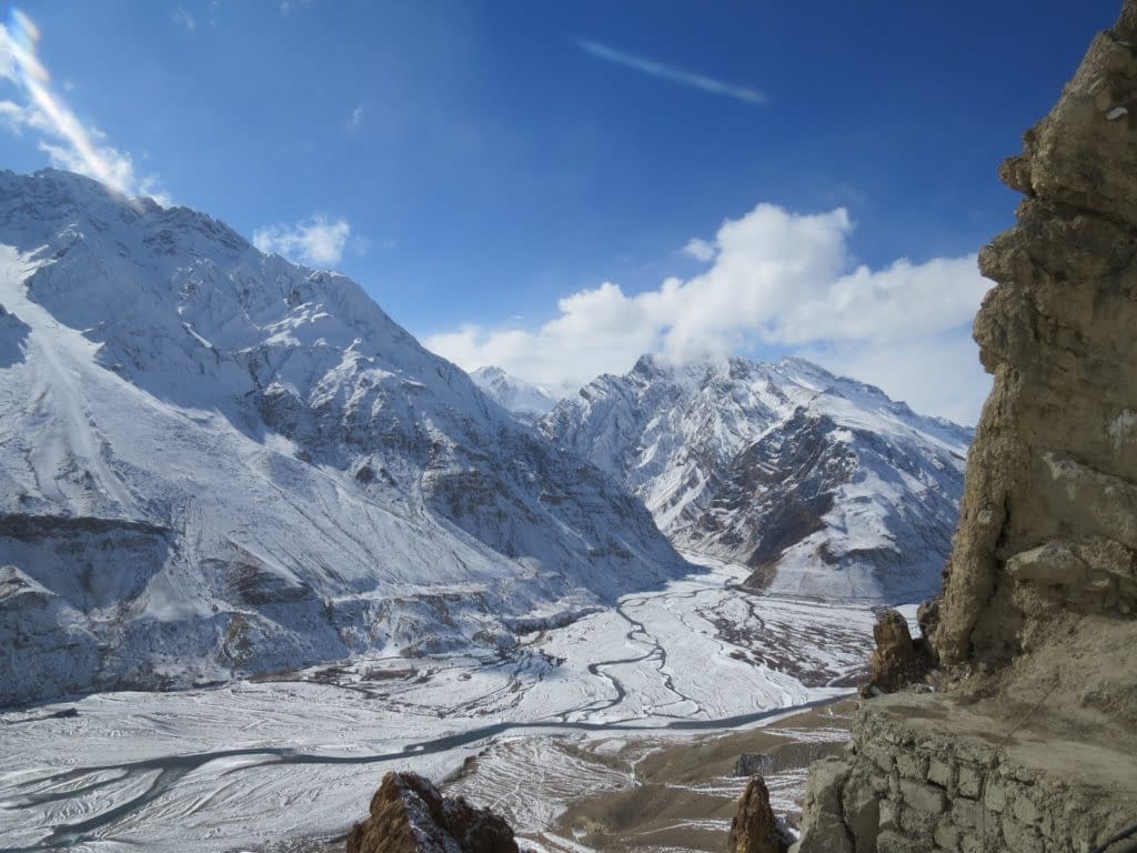 Meandering course of shallow Spiti river during winter.