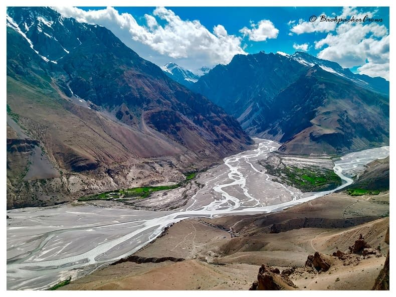 Spiti-Pin river confluence and braided river channels as seen from Dhankar fort