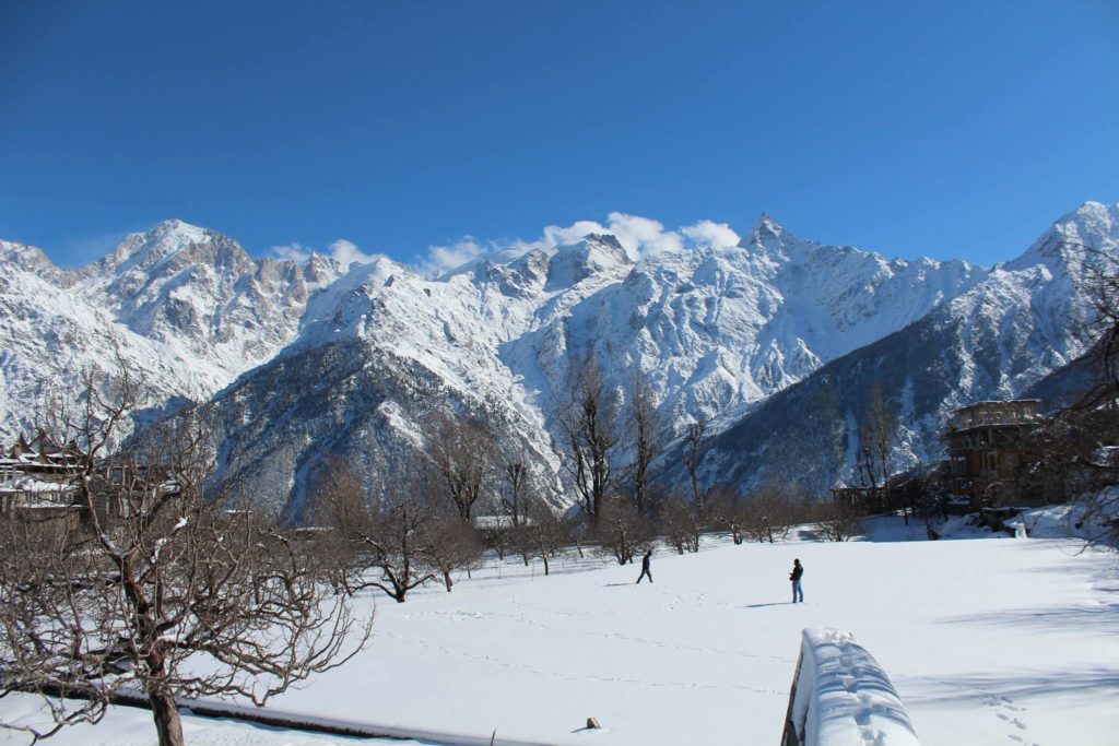 Snow covered fields of locals from Chini village of Kalpa