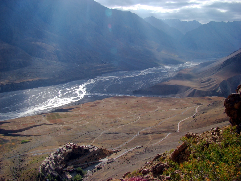Spiti river meandering through the Spiti valley. The Key monastery. 